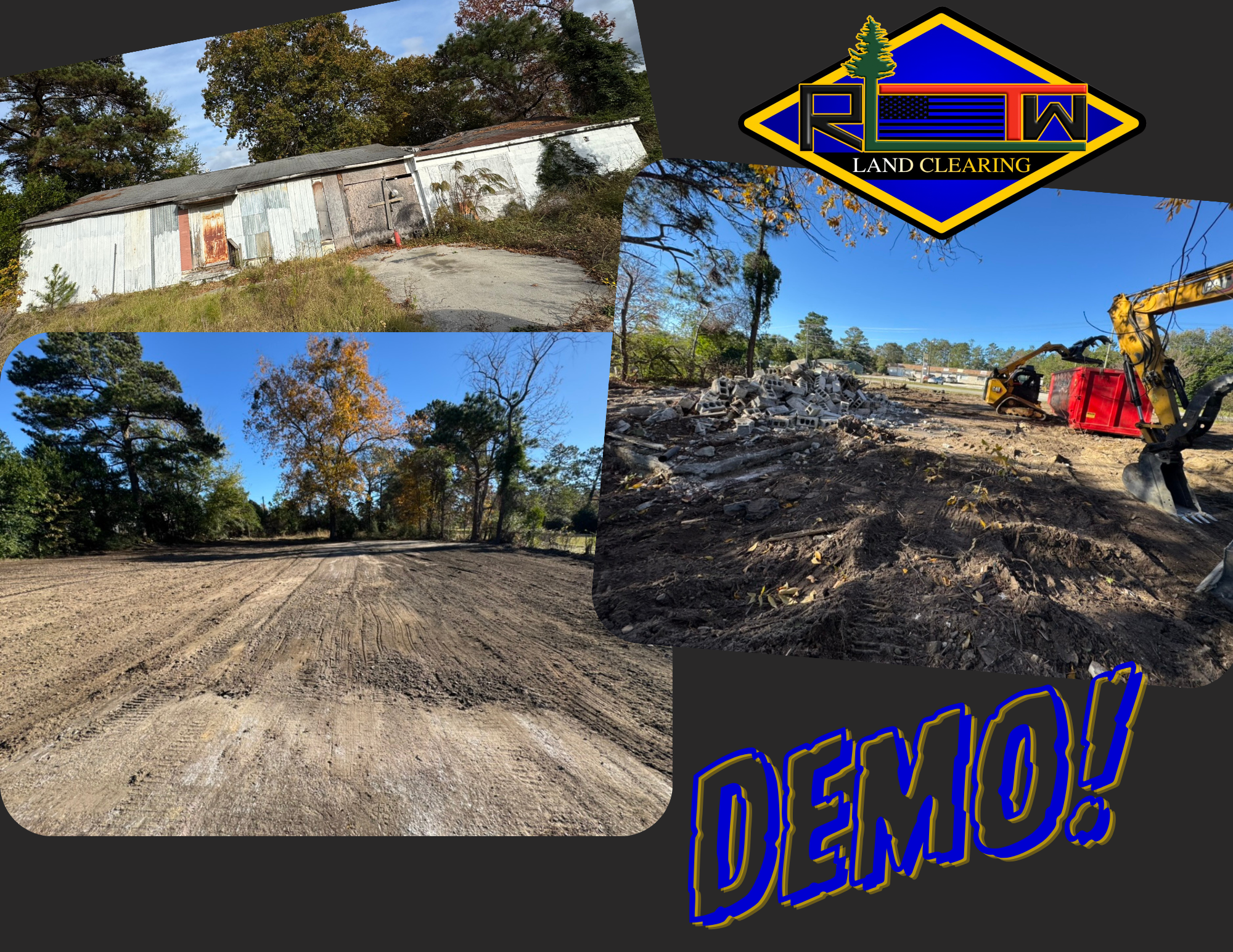 for blog There are 3 pictures, one of the before where there is an old building, one of the during where you can see rumble being placed in the dumpster with our machines, and the after where the lot is nice and smoothed out. additional there is an RLTW logo on the top right and the word DEMO on the bottom right.