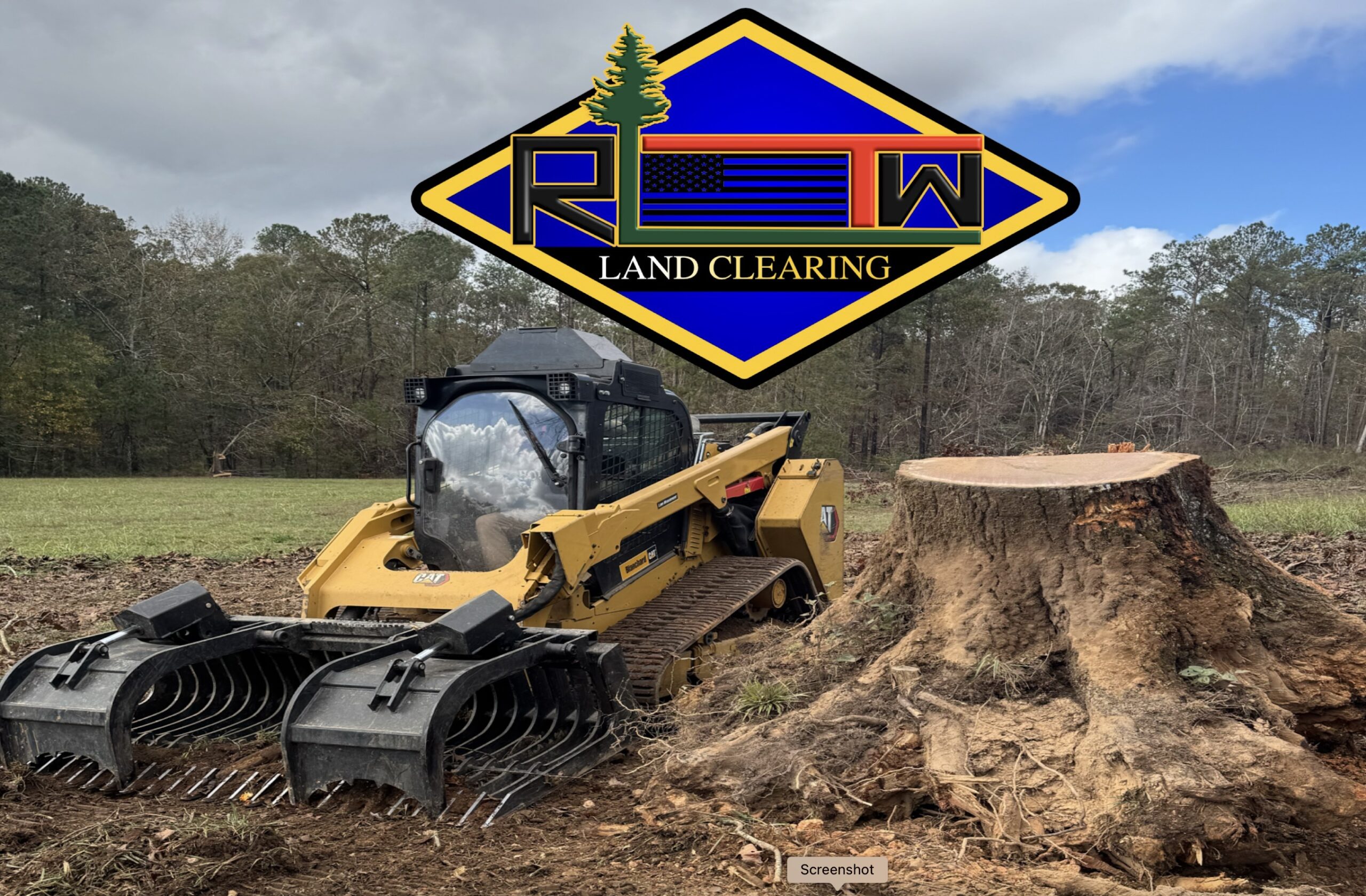 RLTW Land Clearing logo with a very large stump about the size of the skid steer sitting to the left of it.